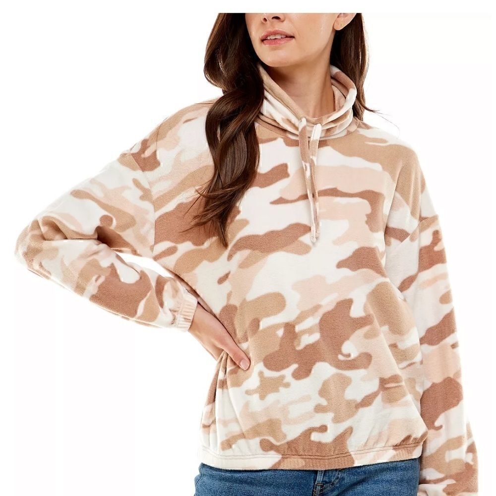 Derek Heart Juniors' Drawstring Cowl Neck Fleece Pullover Shirt Neutral Camo XL